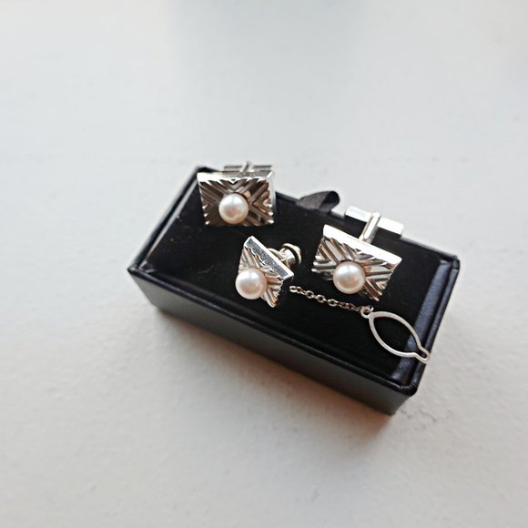 Sterling Silver Japanese Akoya Cultured Pearl Cufflinks Tie Tack - Picture 1 of 2